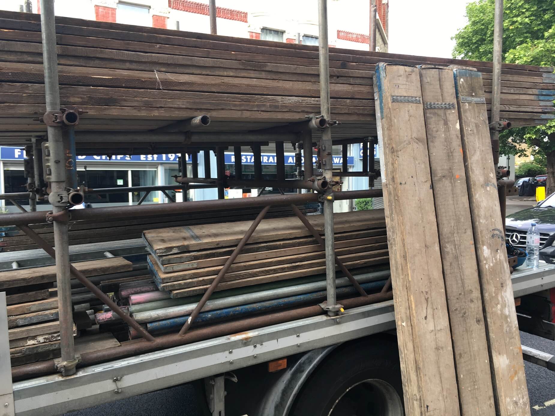 reclaimed scaffold boards in a back of lorry