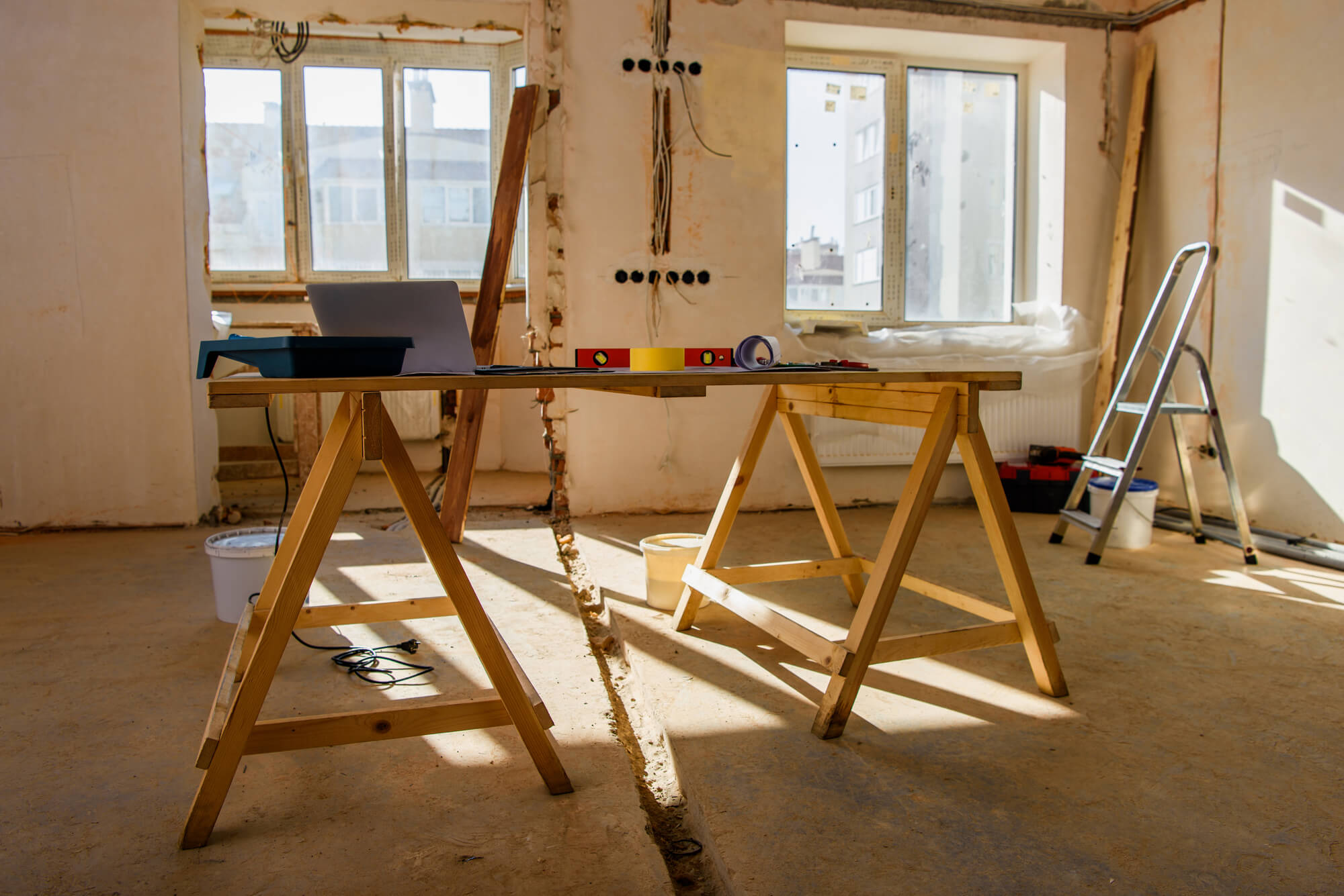 indoor Temporary staging made out of wood.