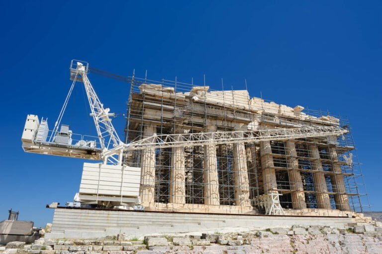 Acropolis of Athens covered in scaffold