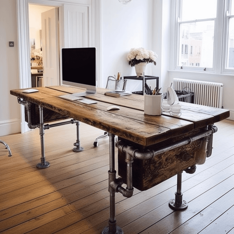 office desk made from reclaimed scaffold boards and scaffold pole