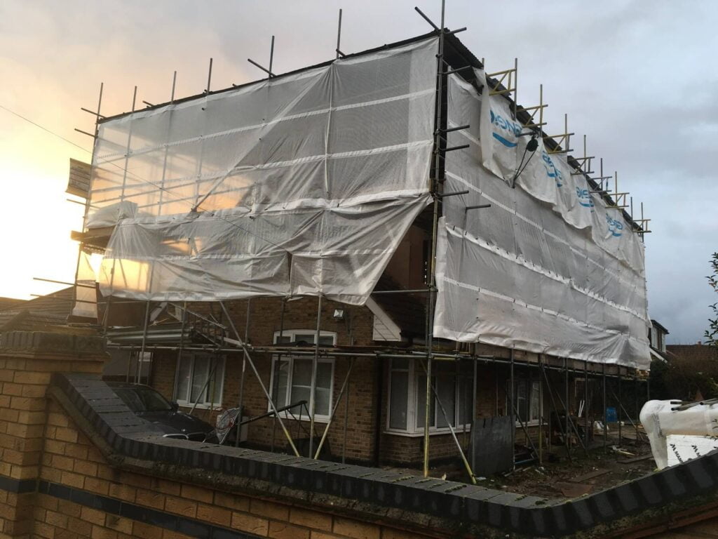 Whole property covered with roof scaffolding